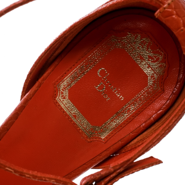 Pre Owned Dior Orange Embossed Lizard Leather Chain Embellished Cork Heel Peep Toe Platform Sandals Size 39