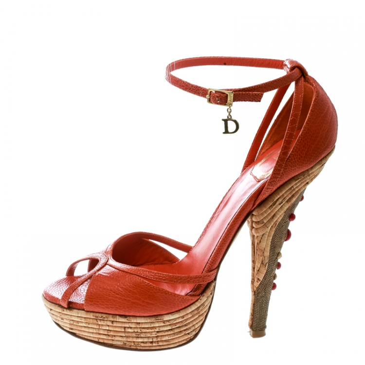 Pre Owned Dior Orange Embossed Lizard Leather Chain Embellished Cork Heel Peep Toe Platform Sandals Size 39