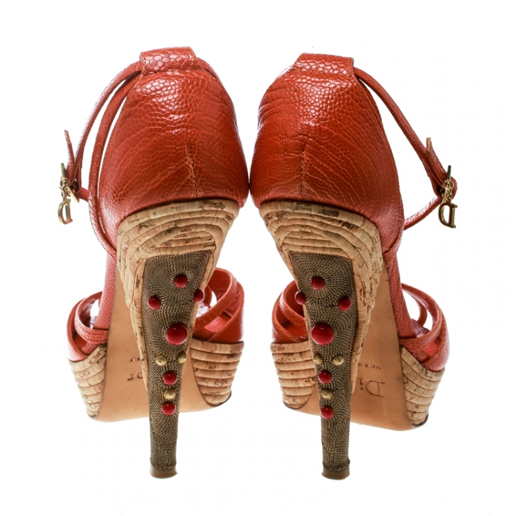 Pre Owned Dior Orange Embossed Lizard Leather Chain Embellished Cork Heel Peep Toe Platform Sandals Size 39