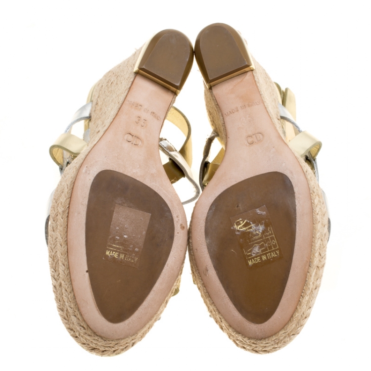 Pre Owned Dior Metallic Mirror Leather Cross Strap Espadrille Wedge Platform Sandals Size 35