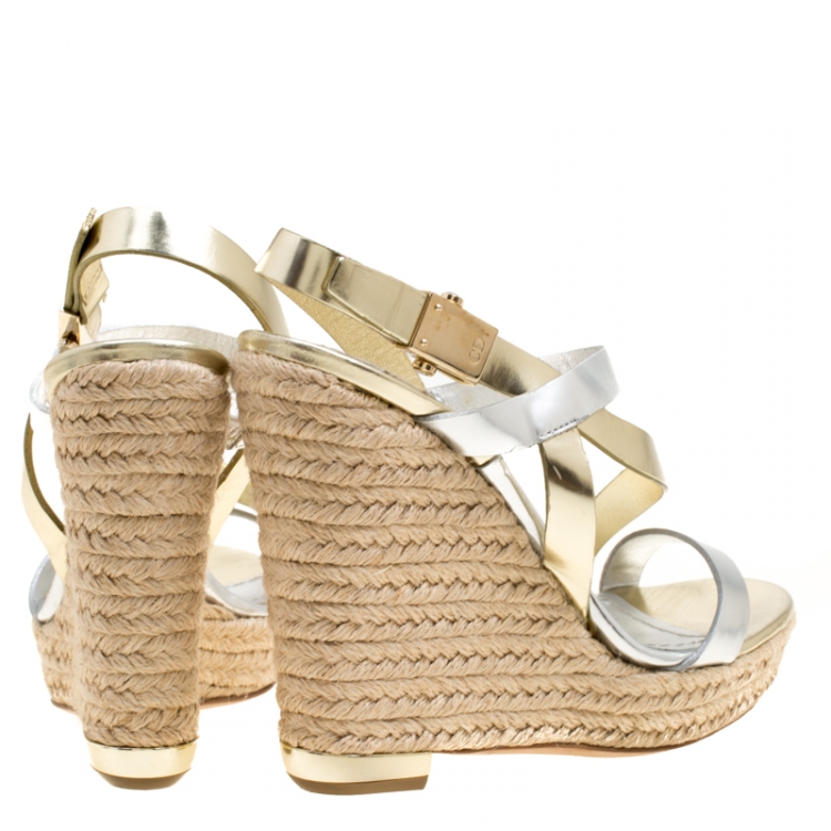 Pre Owned Dior Metallic Mirror Leather Cross Strap Espadrille Wedge Platform Sandals Size 35