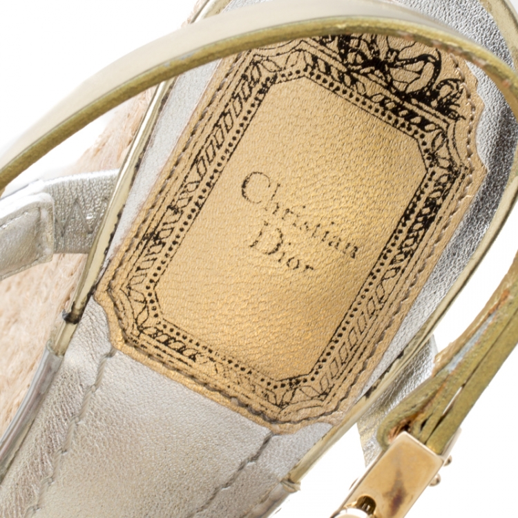 Pre Owned Dior Metallic Mirror Leather Cross Strap Espadrille Wedge Platform Sandals Size 35