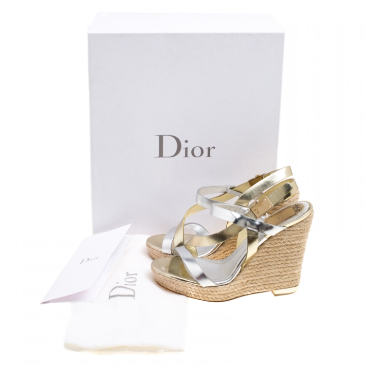 Pre Owned Dior Metallic Mirror Leather Cross Strap Espadrille Wedge Platform Sandals Size 35