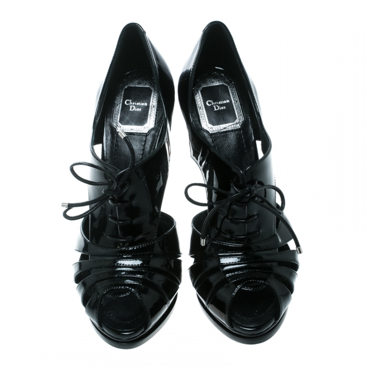 Pre Owned Dior Black Patent Leather Lace Up Peep Toe Cut Out Pumps Size 36