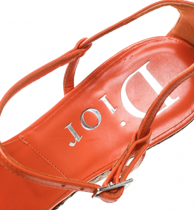 Pre Owned Dior Orange Leather and Diorissimo Canvas Wedge Sandals Size 36.5