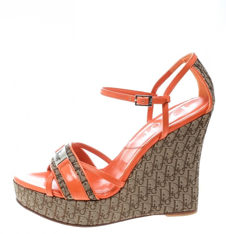 Pre Owned Dior Orange Leather and Diorissimo Canvas Wedge Sandals Size 36.5