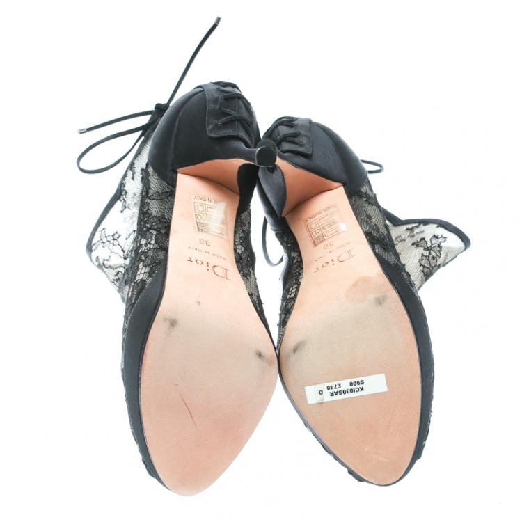Pre Owned Dior Black Lace And Satin Mock Lace Up Peep Toe Ankle Booties Size 36