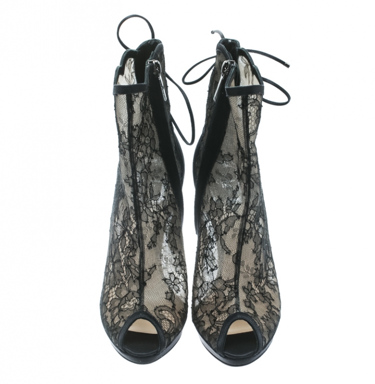 Pre Owned Dior Black Lace And Satin Mock Lace Up Peep Toe Ankle Booties Size 36