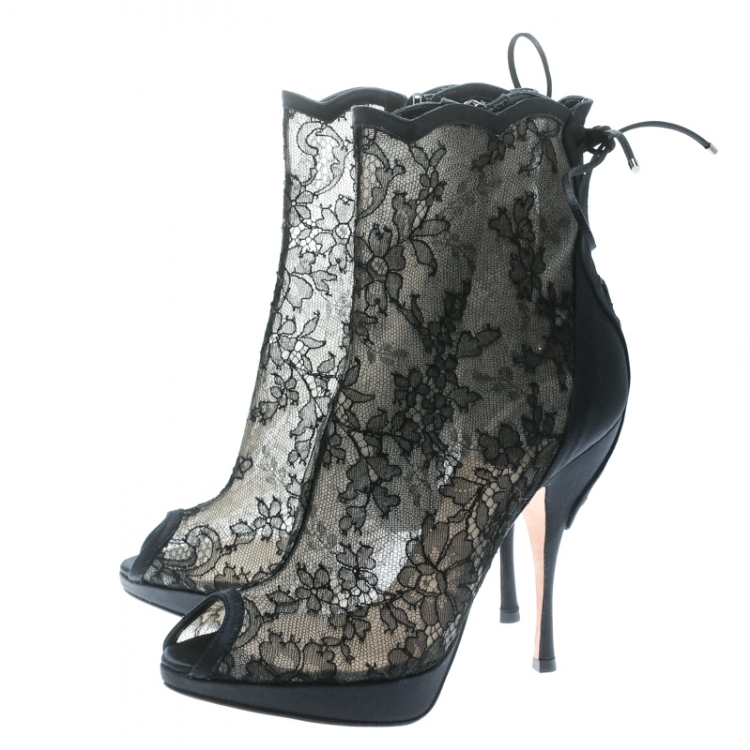 Pre Owned Dior Black Lace And Satin Mock Lace Up Peep Toe Ankle Booties Size 36