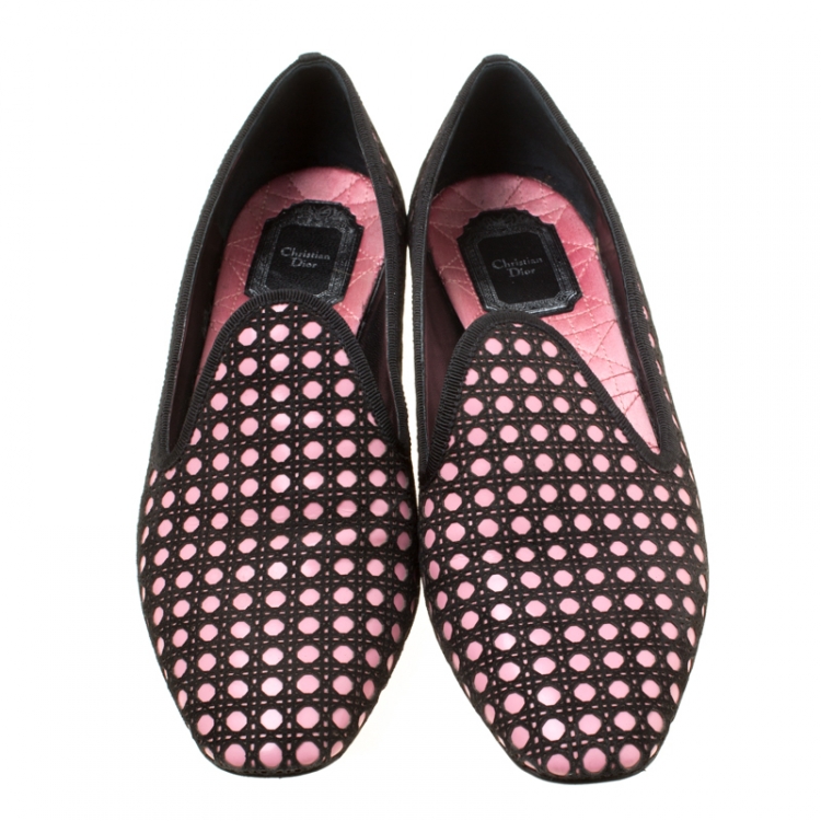 Pre Owned Dior Black/Pink Cannage Suede and Leather Cut Out Detail Smoking Slippers Size 39