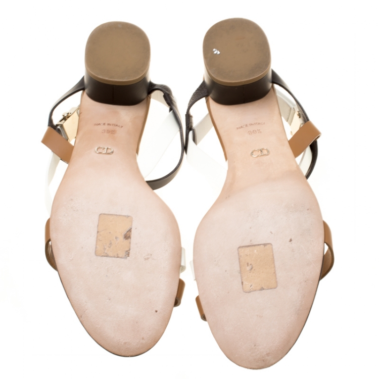 Pre Owned Dior Tricolor Leather Block Heel Strappy Sandals Size 39.5