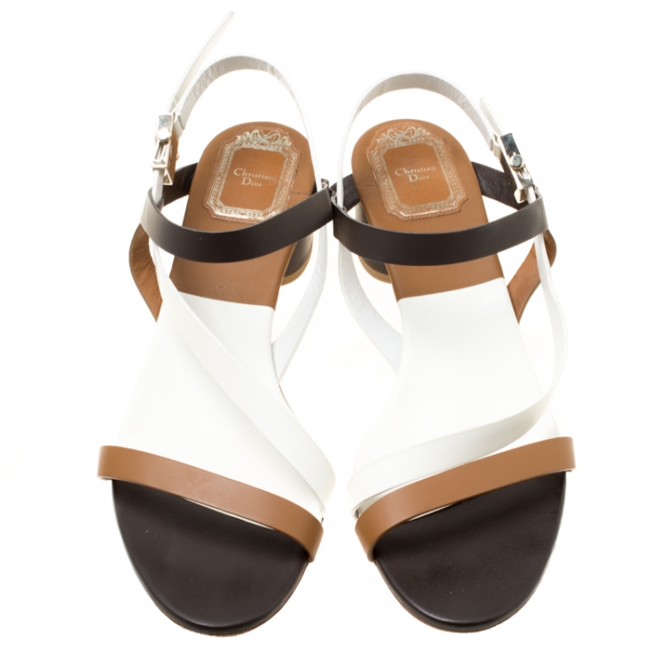 Pre Owned Dior Tricolor Leather Block Heel Strappy Sandals Size 39.5