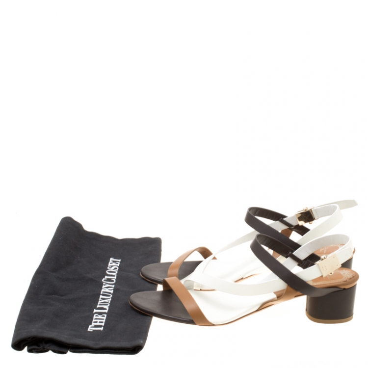 Pre Owned Dior Tricolor Leather Block Heel Strappy Sandals Size 39.5