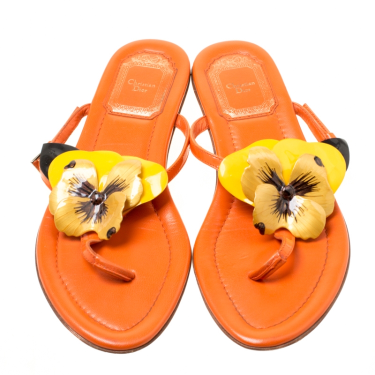 Pre Owned Dior Tricolor Leather Floral Detail Thong Sandals Size 35