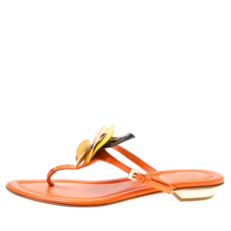 Pre Owned Dior Tricolor Leather Floral Detail Thong Sandals Size 35