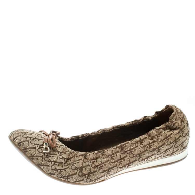 Pre Owned Dior Brown Diorissimo Canvas Bow Detail Scrunch Ballet Flats Size 39.5