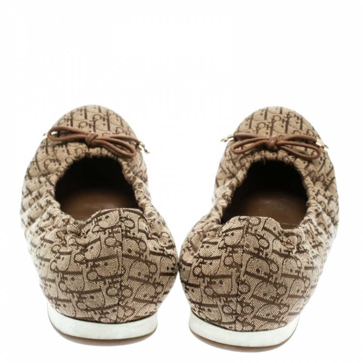 Pre Owned Dior Brown Diorissimo Canvas Bow Detail Scrunch Ballet Flats Size 39.5
