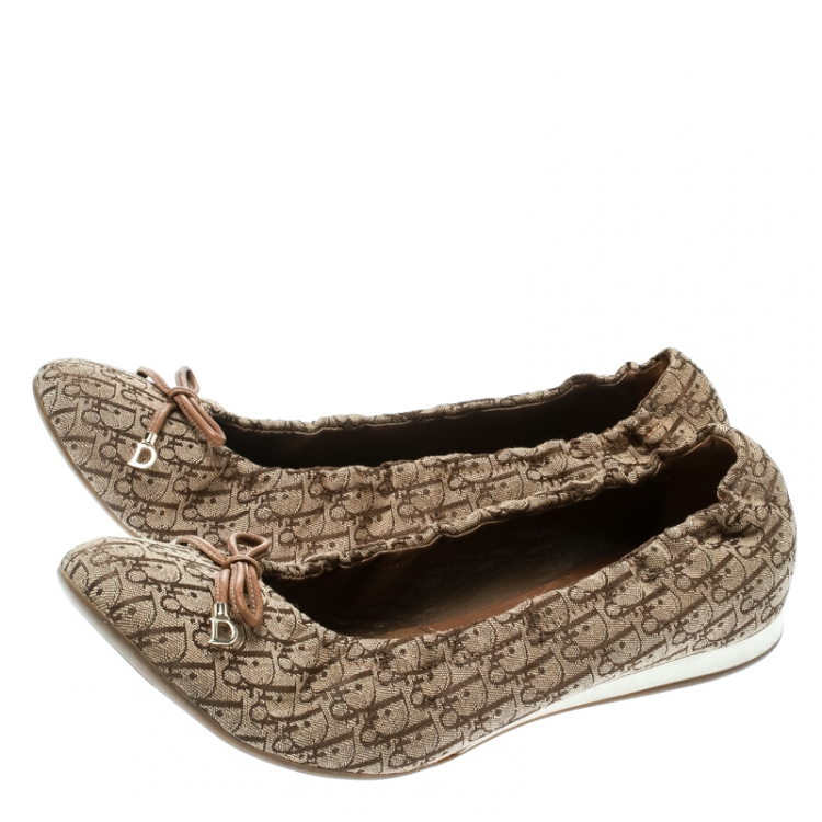 Pre Owned Dior Brown Diorissimo Canvas Bow Detail Scrunch Ballet Flats Size 39.5