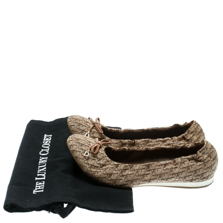 Pre Owned Dior Brown Diorissimo Canvas Bow Detail Scrunch Ballet Flats Size 39.5
