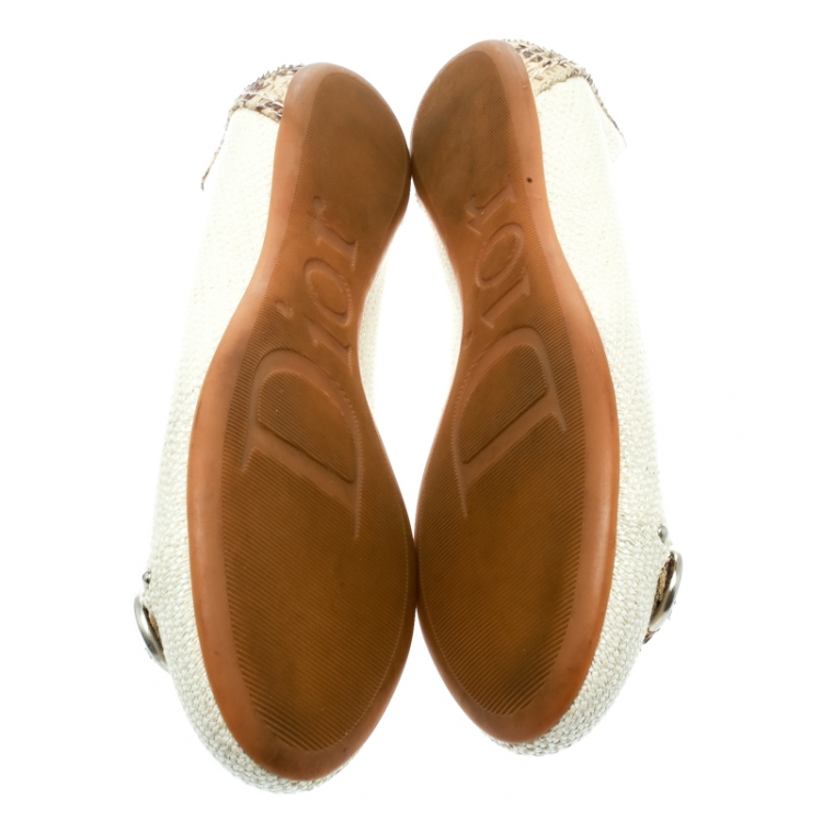 Pre Owned Dior Off White Raffia and Snakeskin Round Toe Ballet Flats Size 37