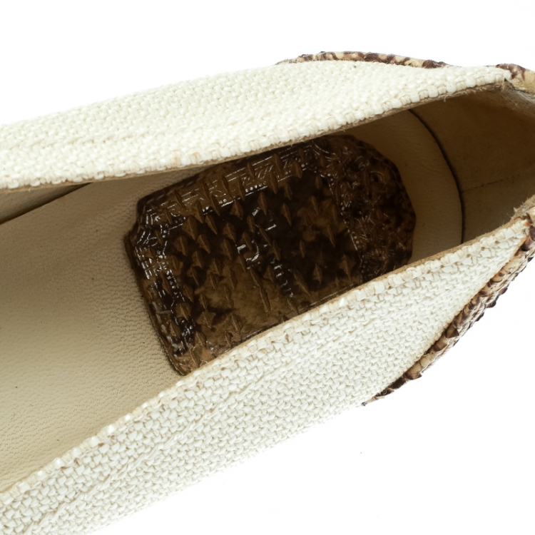 Pre Owned Dior Off White Raffia and Snakeskin Round Toe Ballet Flats Size 37