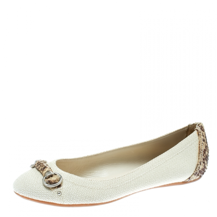 Pre Owned Dior Off White Raffia and Snakeskin Round Toe Ballet Flats Size 37