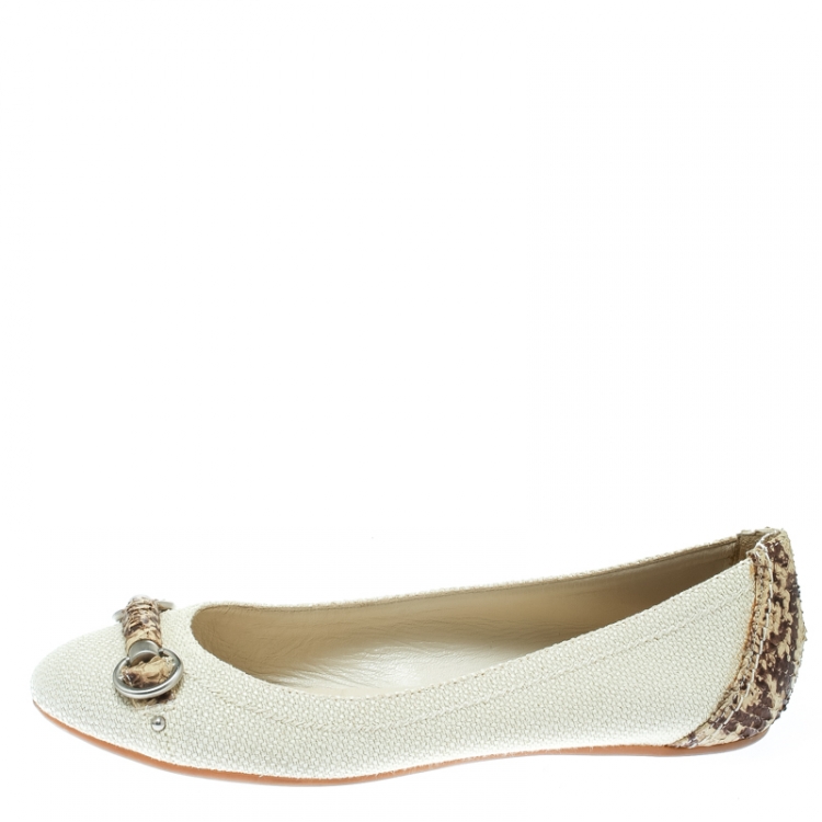 Pre Owned Dior Off White Raffia and Snakeskin Round Toe Ballet Flats Size 37