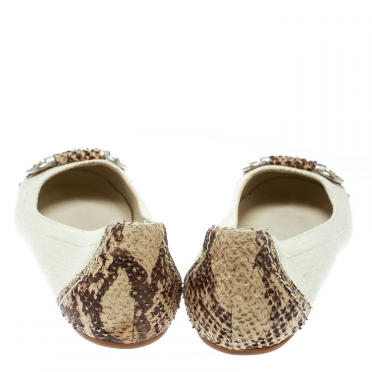 Pre Owned Dior Off White Raffia and Snakeskin Round Toe Ballet Flats Size 37