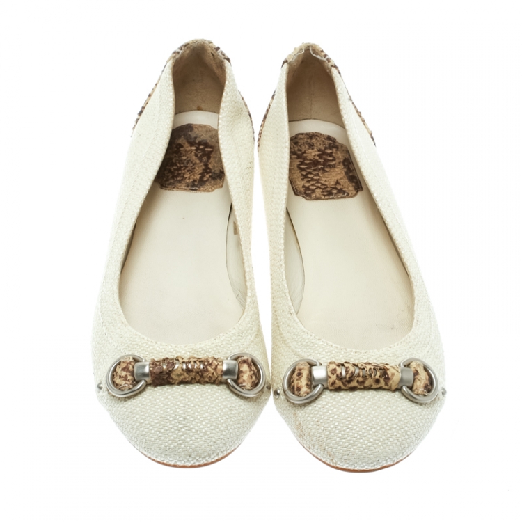 Pre Owned Dior Off White Raffia and Snakeskin Round Toe Ballet Flats Size 37