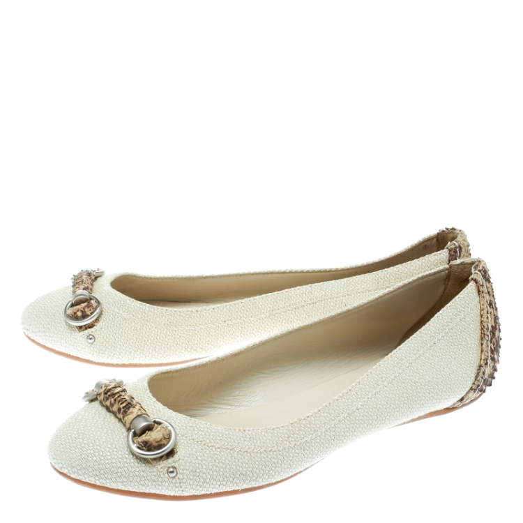 Pre Owned Dior Off White Raffia and Snakeskin Round Toe Ballet Flats Size 37