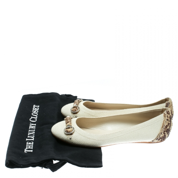 Pre Owned Dior Off White Raffia and Snakeskin Round Toe Ballet Flats Size 37