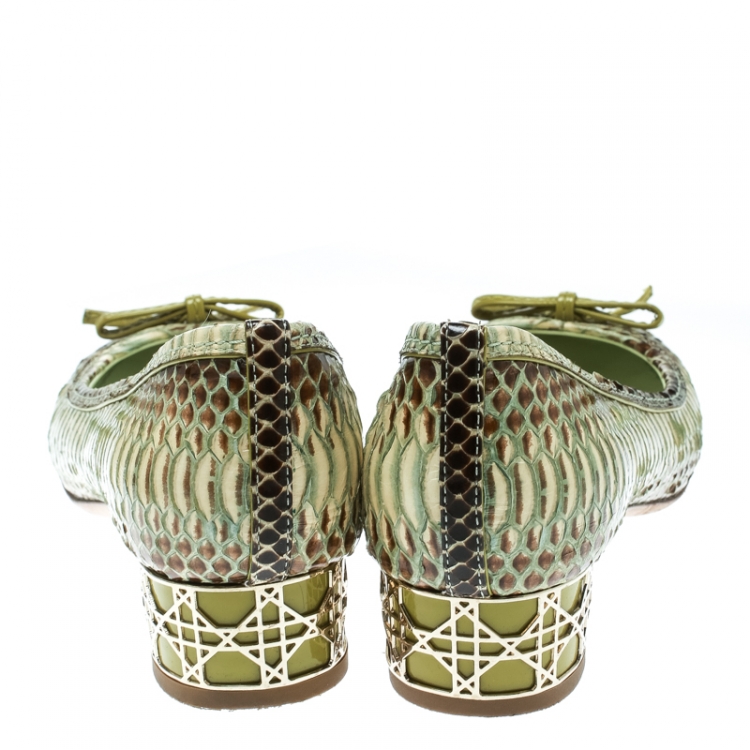 Pre Owned Dior Green Python Bow Detail Ballet Pumps Size 37