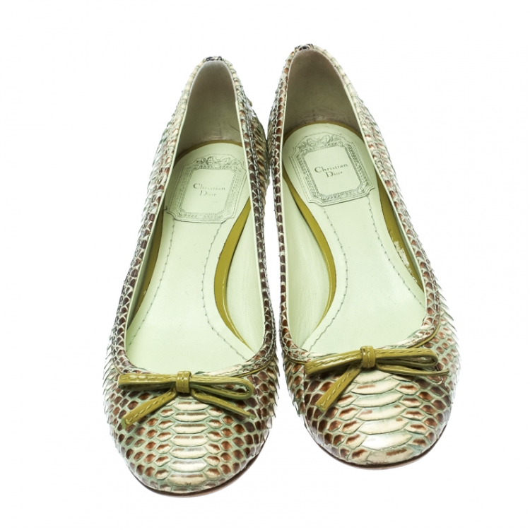 Pre Owned Dior Green Python Bow Detail Ballet Pumps Size 37