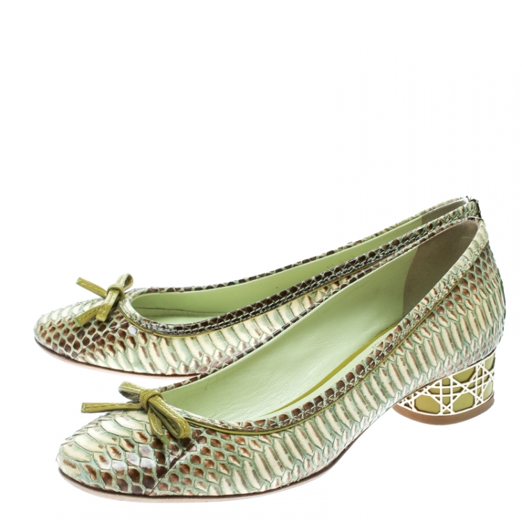 Pre Owned Dior Green Python Bow Detail Ballet Pumps Size 37