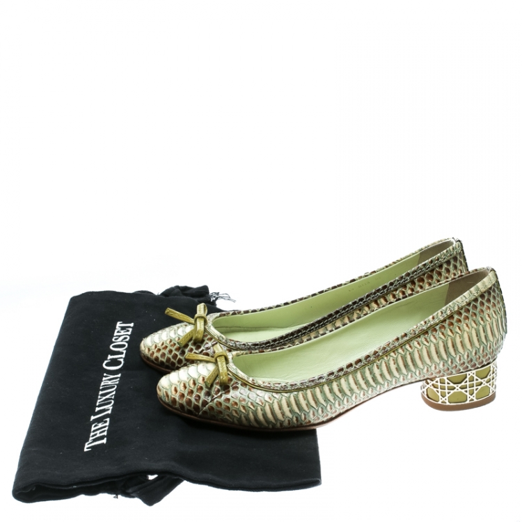 Pre Owned Dior Green Python Bow Detail Ballet Pumps Size 37