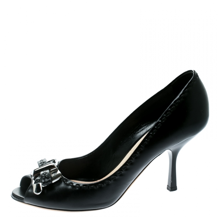 Pre Owned Dior Black Leather Bow Peep Toe Pumps Size 38