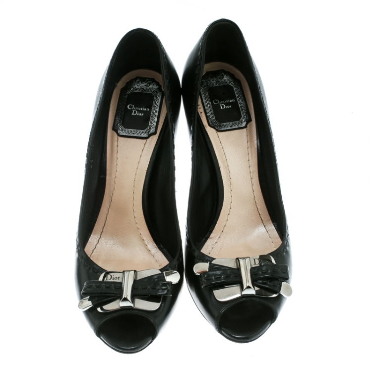 Pre Owned Dior Black Leather Bow Peep Toe Pumps Size 38