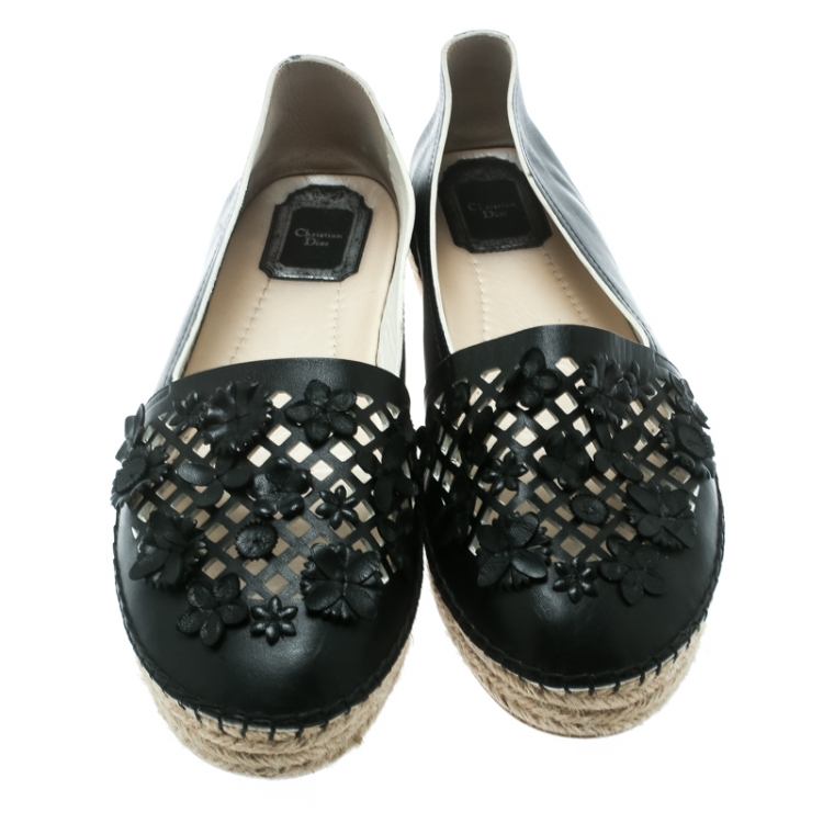 Pre Owned Dior Black Laser Cut Floral Embellished Leather Flore Espadrilles Size 39.5