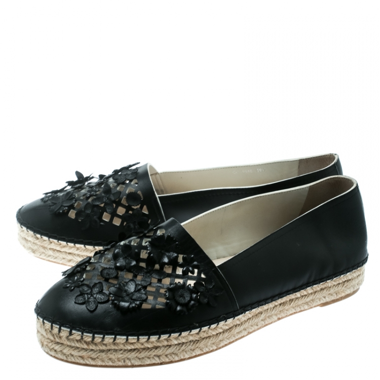 Pre Owned Dior Black Laser Cut Floral Embellished Leather Flore Espadrilles Size 39.5