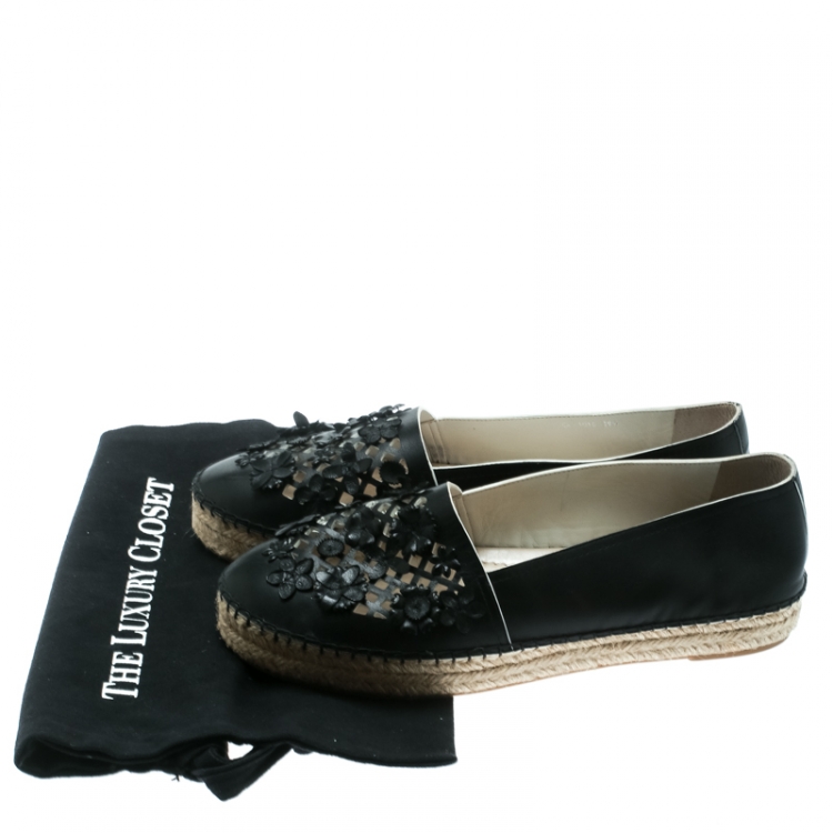 Pre Owned Dior Black Laser Cut Floral Embellished Leather Flore Espadrilles Size 39.5