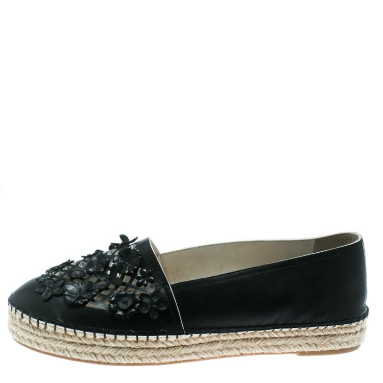 Pre Owned Dior Black Laser Cut Floral Embellished Leather Flore Espadrilles Size 39.5