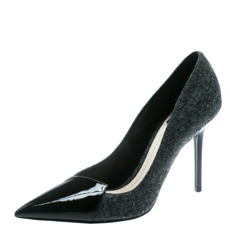 Pre Owned Dior Grey Wool Blend With Black Patent Leather Pointed Toe Pumps Size 39.5