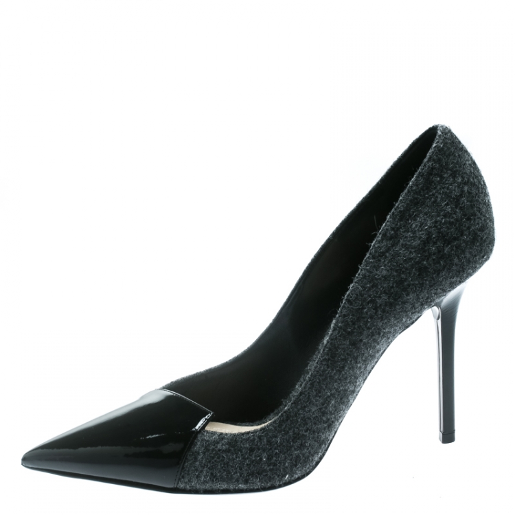 Dior Grey Wool Blend With Black Patent Leather Pointed Toe Pumps