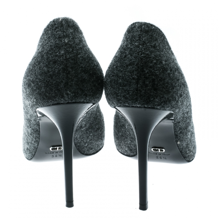 Pre Owned Dior Grey Wool Blend With Black Patent Leather Pointed Toe Pumps Size 39.5