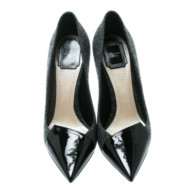 Pre Owned Dior Grey Wool Blend With Black Patent Leather Pointed Toe Pumps Size 39.5