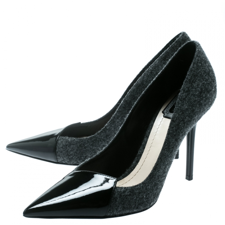 Pre Owned Dior Grey Wool Blend With Black Patent Leather Pointed Toe Pumps Size 39.5