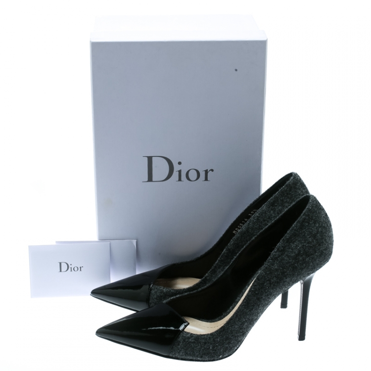 Pre Owned Dior Grey Wool Blend With Black Patent Leather Pointed Toe Pumps Size 39.5