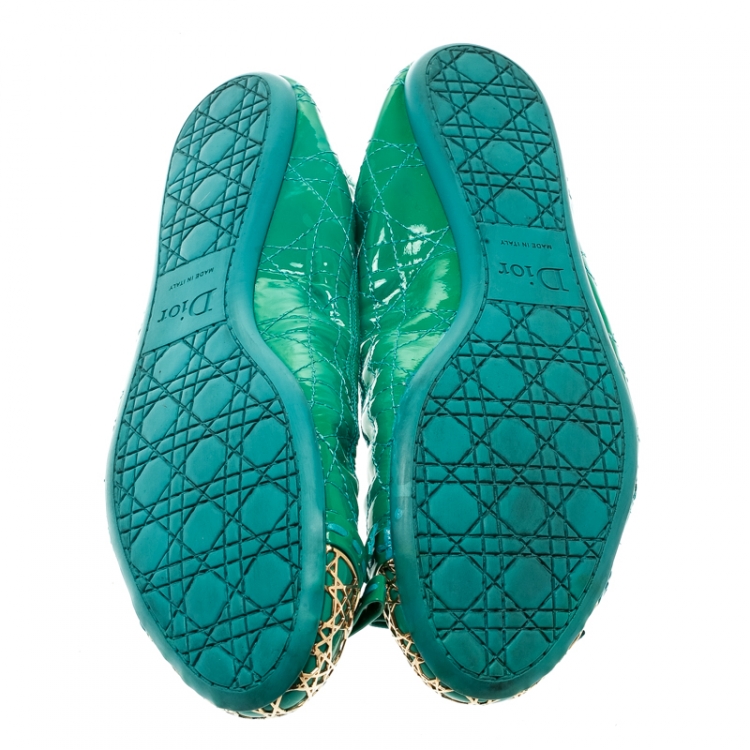 Pre Owned Dior Green Cannage Leather Icon Metal Cap Toe Bow Scrunch Ballet Flats Size 38.5