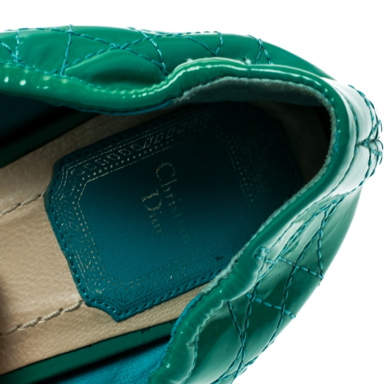 Pre Owned Dior Green Cannage Leather Icon Metal Cap Toe Bow Scrunch Ballet Flats Size 38.5