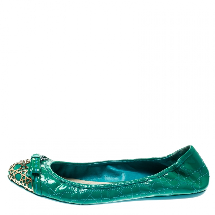 Pre Owned Dior Green Cannage Leather Icon Metal Cap Toe Bow Scrunch Ballet Flats Size 38.5